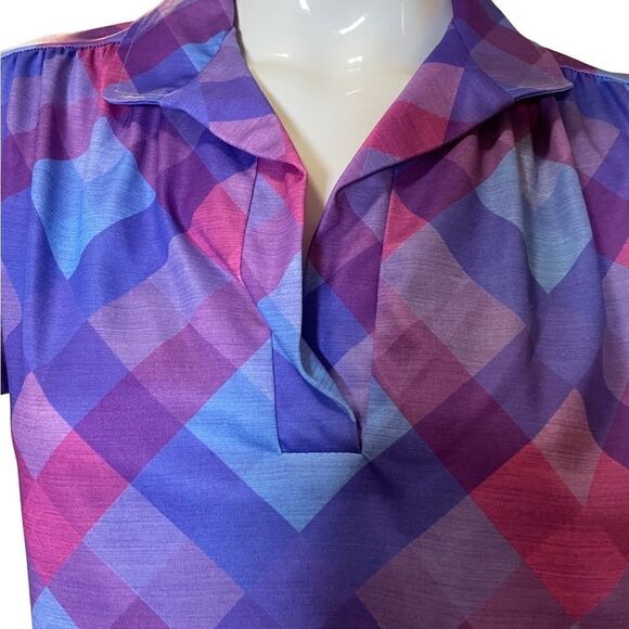 Vintage 70s Argyle Plaid Short Sleeve Blouse Medium Magenta, Bubblegum Pink - Picture 10 of 15
